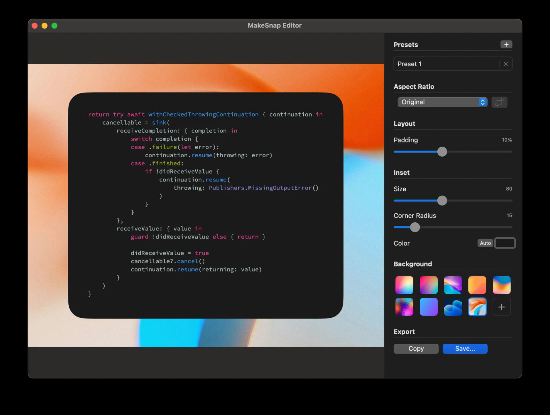 MakeSnap editor interface showing simple controls and real-time preview